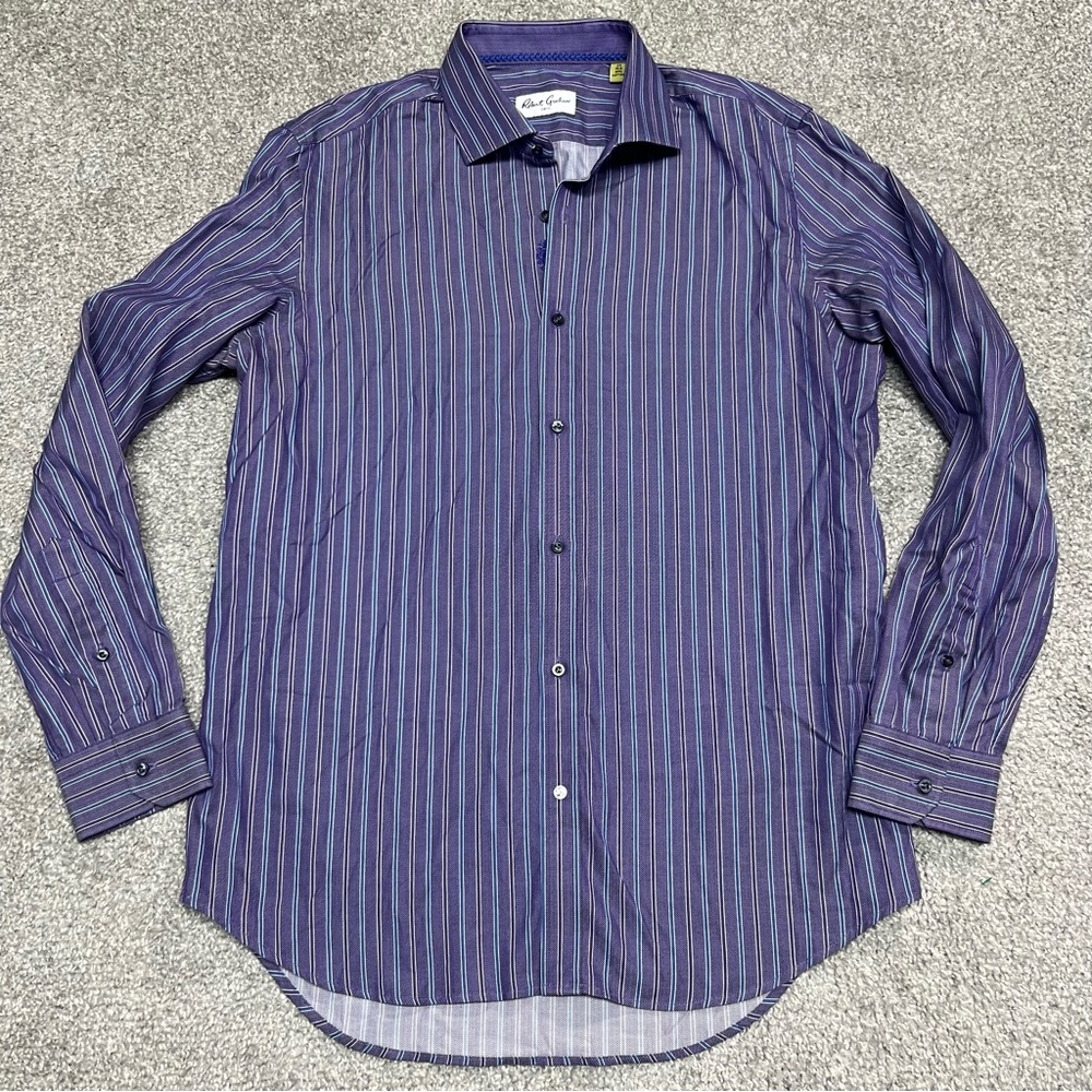 Robert Graham Shirt Men’s 42.5 16 Purple Striped Button Up Flip Cuff Embroidered